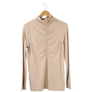 Puli Ruched Mock Neck Long Sleeve Rayon Knit Beige Top L